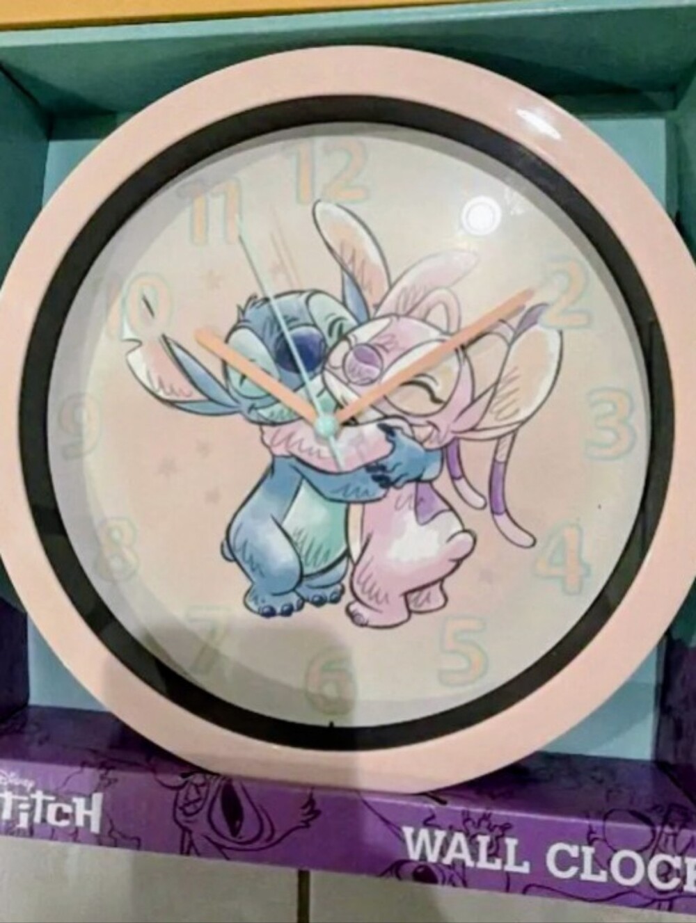 Disney Pink Round Wall Clock with Stitch & Angel Illustration